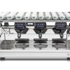 This image is a front view of the Rancilio Classe 7 3 group espresso machine in Ice White, with tall/raised brew group and USB volumetric dosing controls.